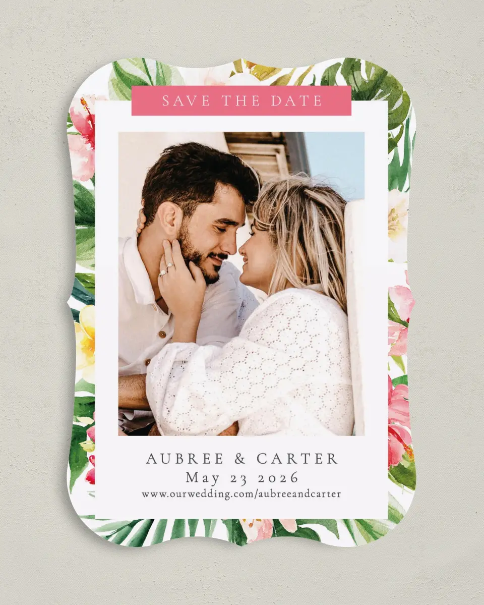 This is a 5" x 7" Save the Date Card called Paradise of Love printed in full color on Premium Smooth paper