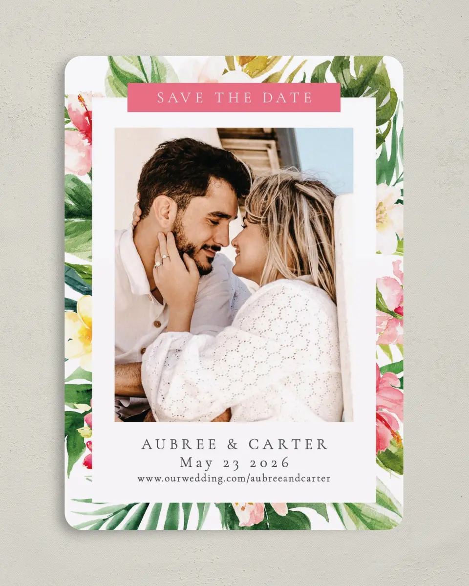 This is a 5" x 7" Save the Date Card called Paradise of Love printed in full color on Premium Smooth paper