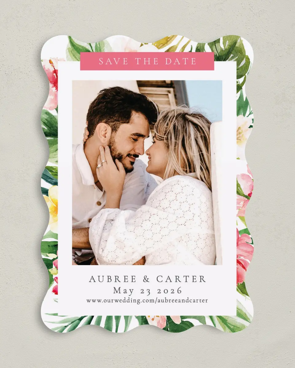 This is a 5" x 7" Save the Date Card called Paradise of Love printed in full color on Premium Smooth paper