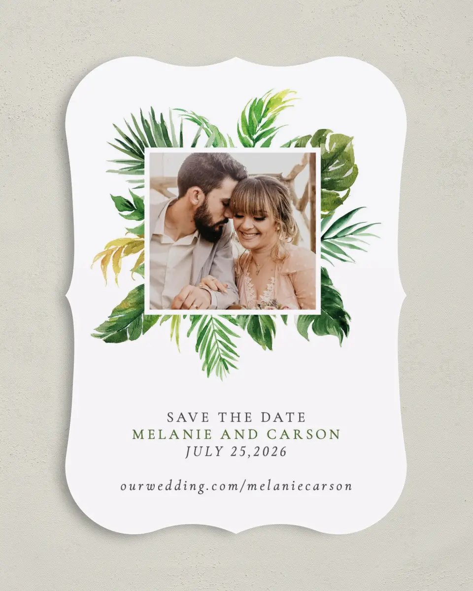 This is a 5" x 7" Save the Date Card called Beach Palms printed in full color on Premium Smooth paper