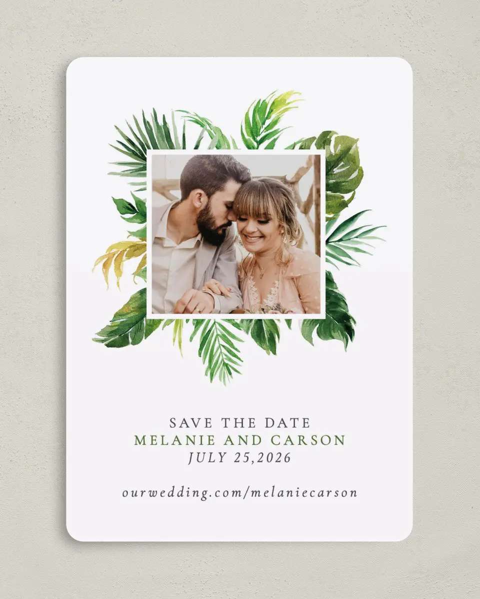 This is a 5" x 7" Save the Date Card called Beach Palms printed in full color on Premium Smooth paper