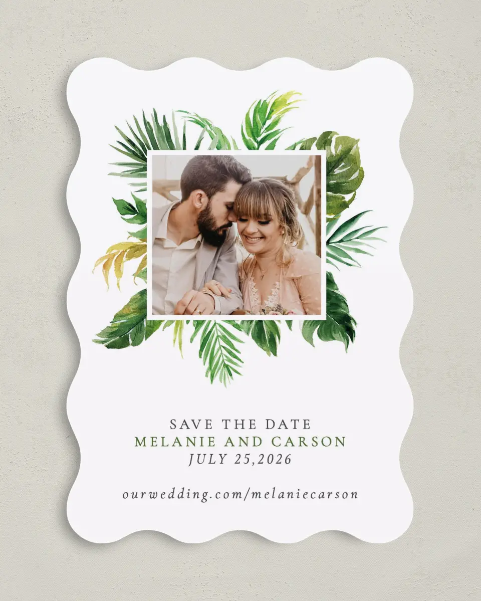 This is a 5" x 7" Save the Date Card called Beach Palms printed in full color on Premium Smooth paper