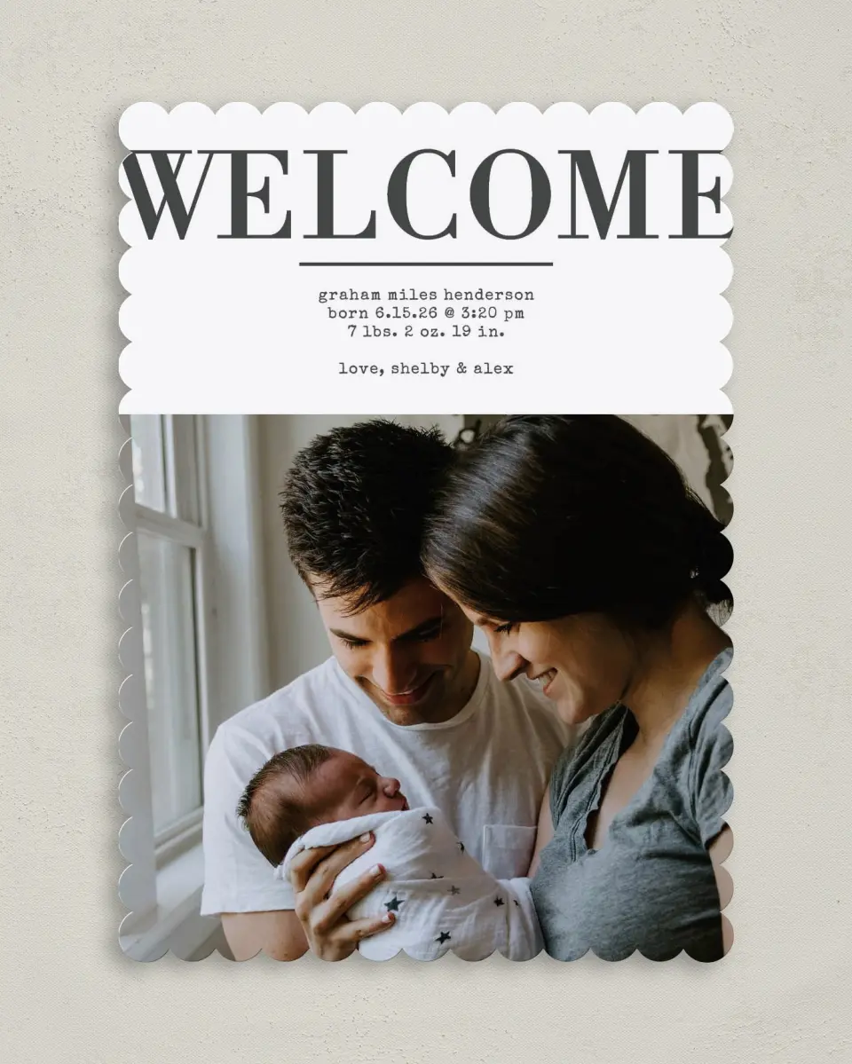 This is a 5" x 7" Birth Announcement Card called Welcome Wishes printed in full color on Premium Smooth paper