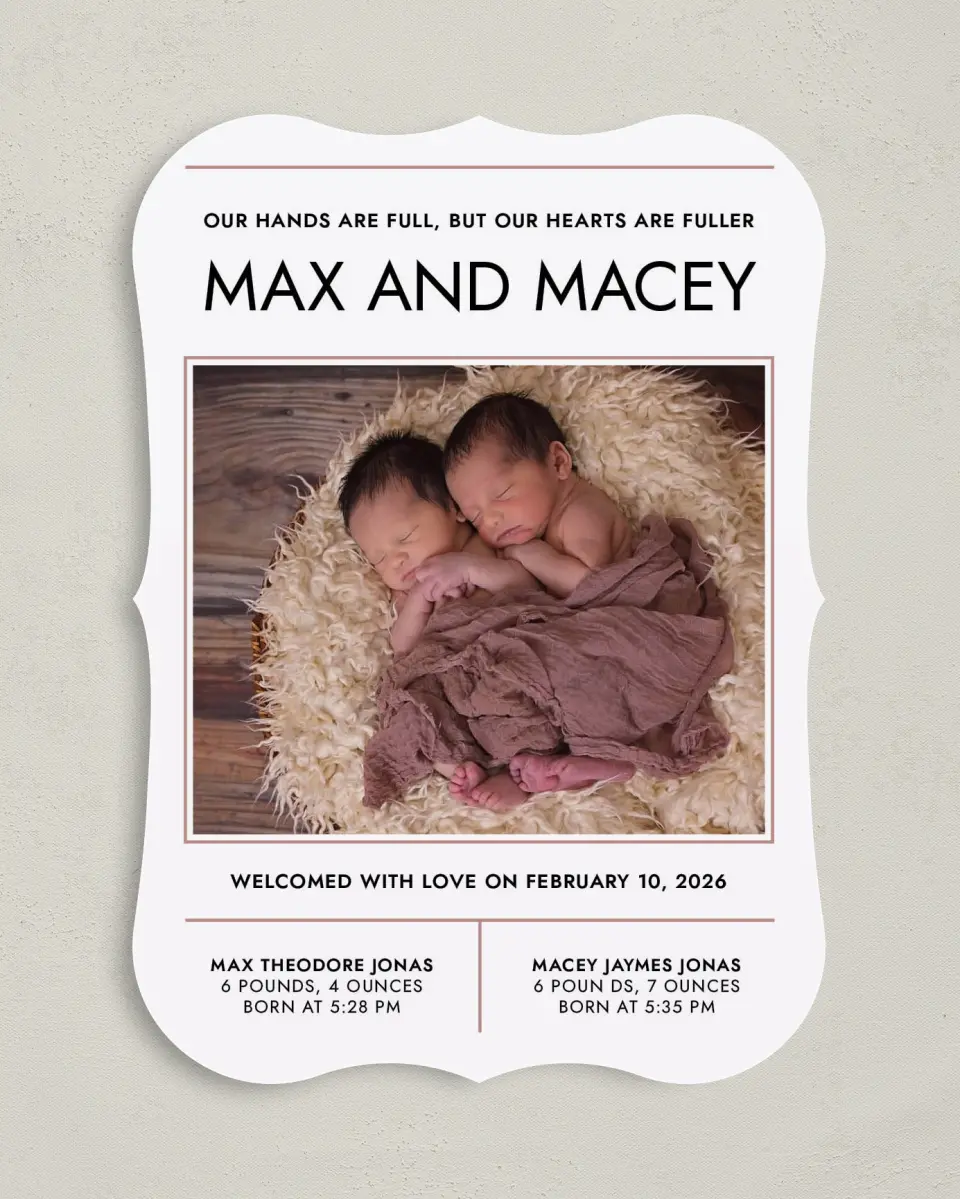 This is a 5" x 7" Birth Announcement Card called Full Hearts printed in full color on Premium Smooth paper