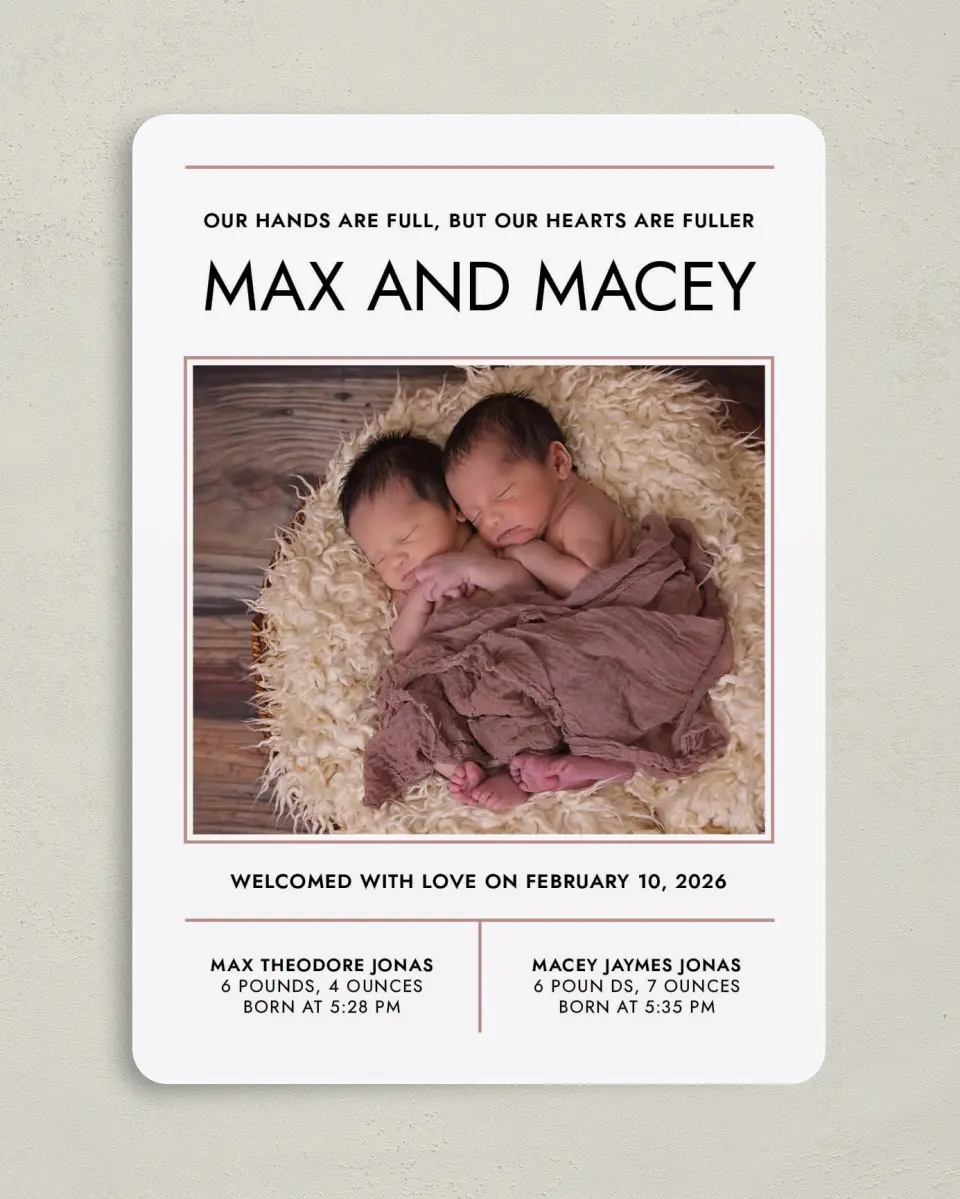 This is a 5" x 7" Birth Announcement Card called Full Hearts printed in full color with Silver foil on Luxe Satin (coated) paper