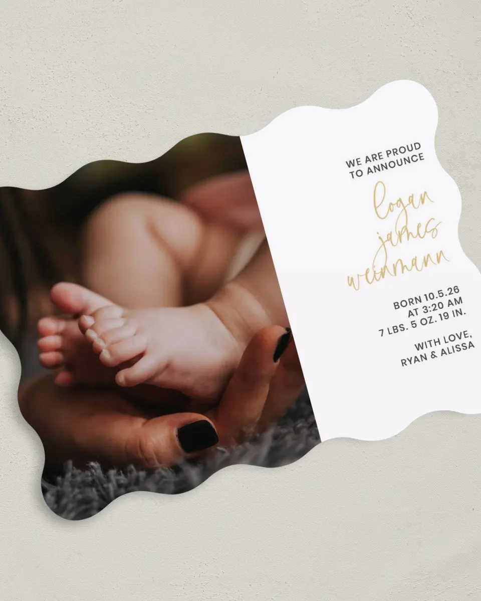 This is a 5" x 7" Birth Announcement Card called New Cuddles printed in full color with Gold foil on Luxe Satin (coated) paper