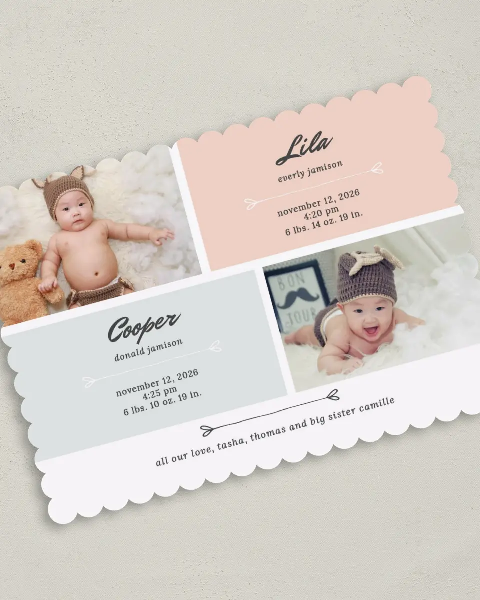 This is a 5" x 7" Birth Announcement Card called Twinning Hearts printed in full color on Premium Smooth paper