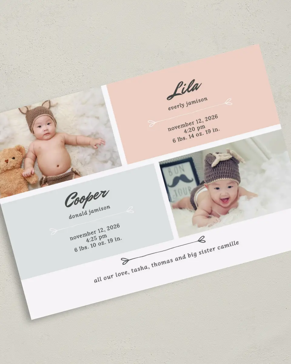 This is a 5" x 7" Birth Announcement Card called Twinning Hearts printed in full color with Silver foil on Luxe Satin (coated) paper