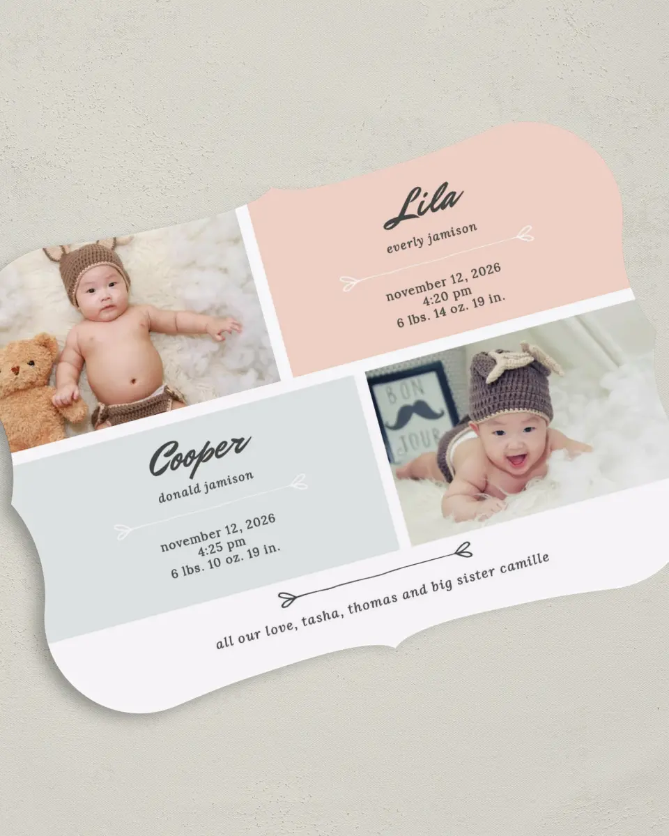 This is a 5" x 7" Birth Announcement Card called Twinning Hearts printed in full color on Premium Smooth paper