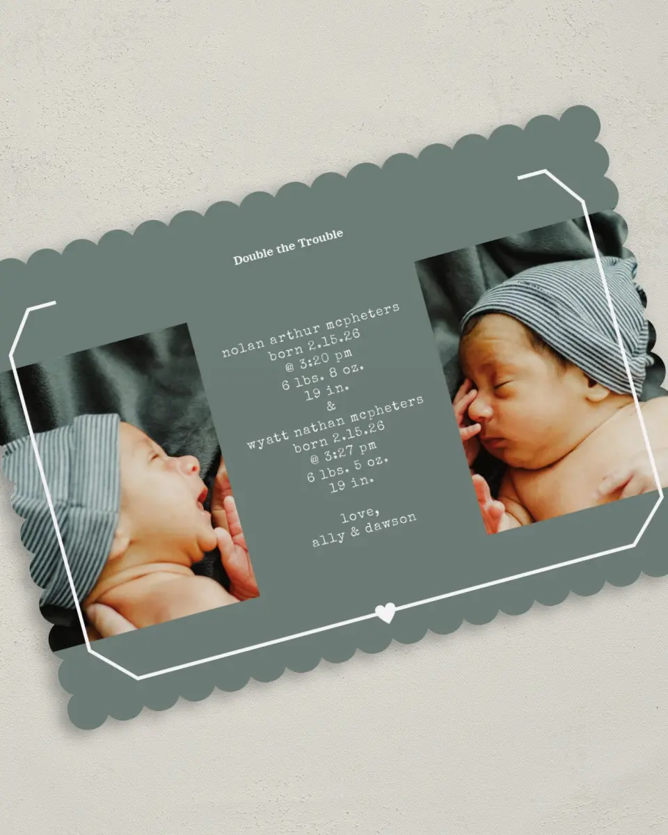 This is a 5" x 7" Birth Announcement Card called Double Trouble printed in full color on Premium Smooth paper