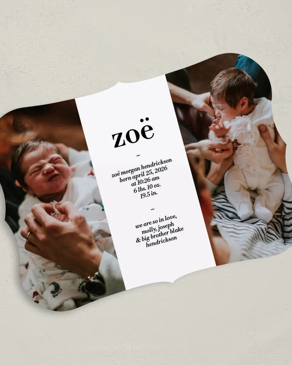 This is a 5" x 7" Birth Announcement Card called First Moments printed in full color on Premium Smooth paper