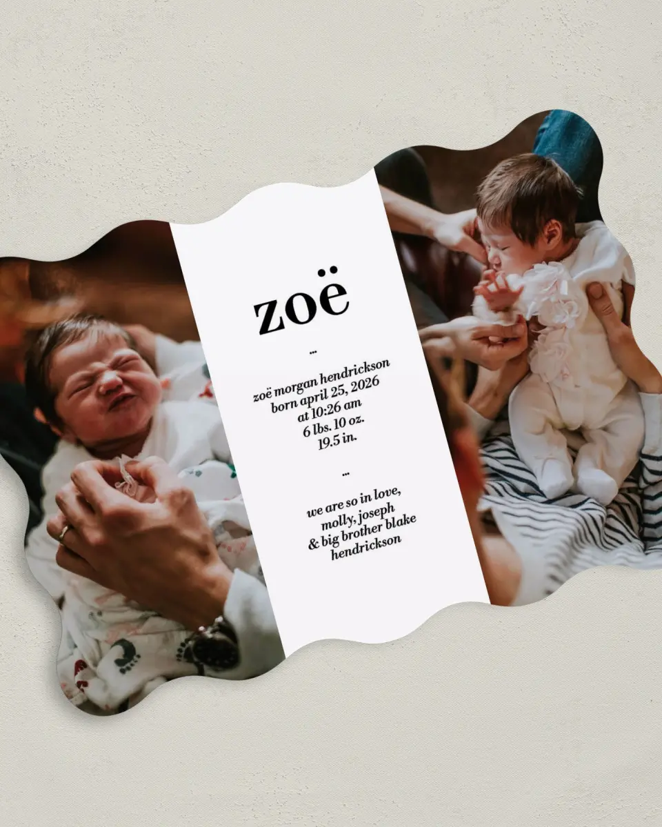 This is a 5" x 7" Birth Announcement Card called First Moments printed in full color with Rose Gold foil on Luxe Satin (coated) paper