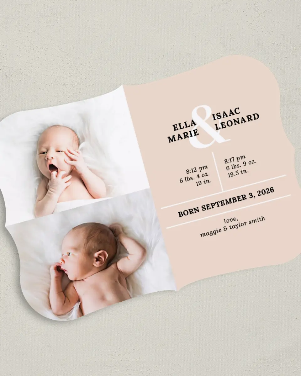 This is a 5" x 7" Birth Announcement Card called Double Love printed in full color on Premium Smooth paper