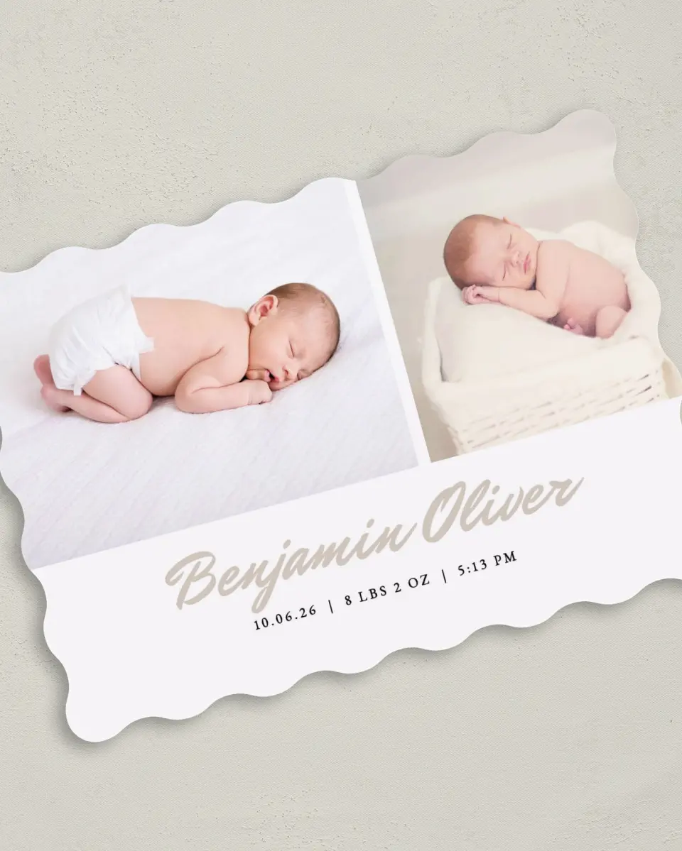 This is a 5" x 7" Birth Announcement Card called Tiny Toes printed in full color on Premium Smooth paper
