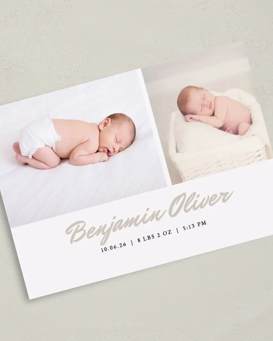 This is a 5" x 7" Birth Announcement Card called Tiny Toes printed in full color with Silver foil on Luxe Satin (coated) paper