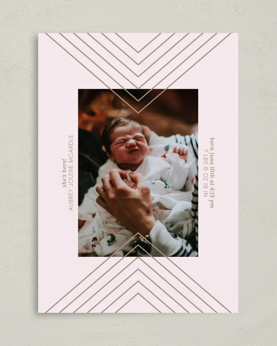 This is a 5" x 7" Birth Announcement Card called Growing Love printed in full color with Silver foil on Luxe Satin (coated) paper