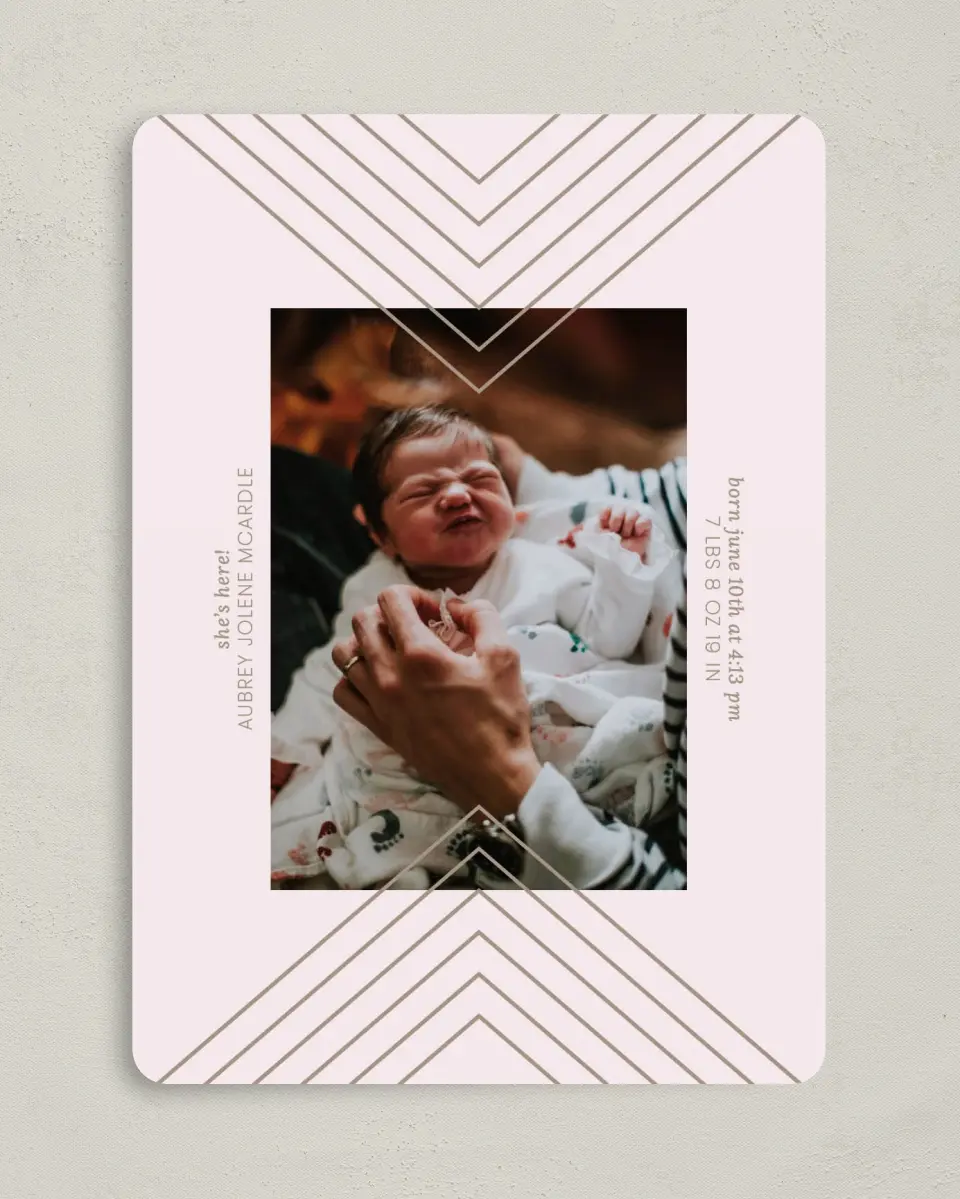 This is a 5" x 7" Birth Announcement Card called Growing Love printed in full color with Silver foil on Luxe Satin (coated) paper