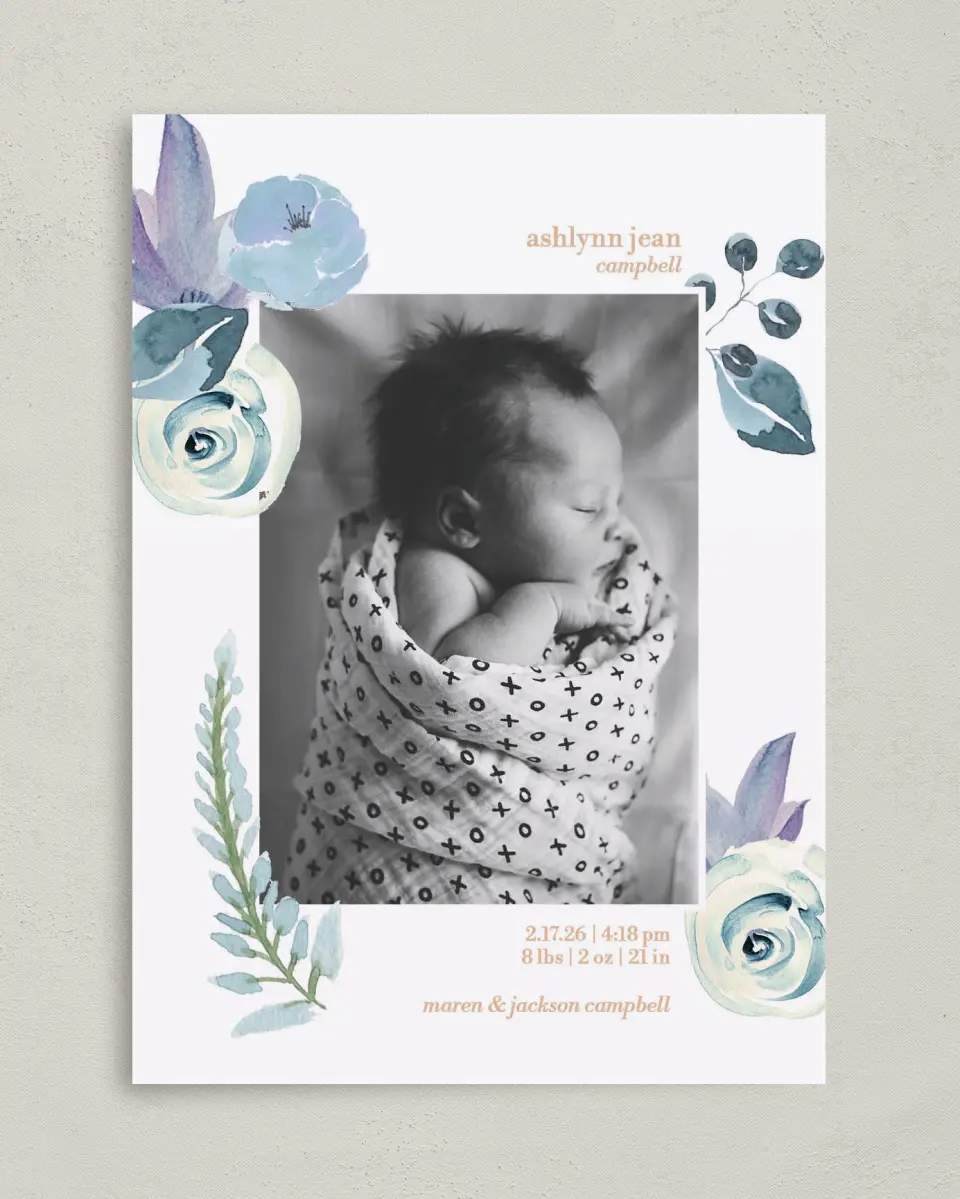 This is a 5" x 7" Birth Announcement Card called Baby Bliss printed in full color with Silver foil on Luxe Satin (coated) paper