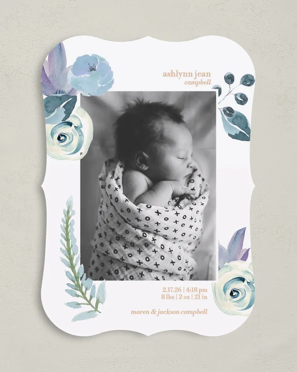 This is a 5" x 7" Birth Announcement Card called Baby Bliss printed in full color on Premium Smooth paper