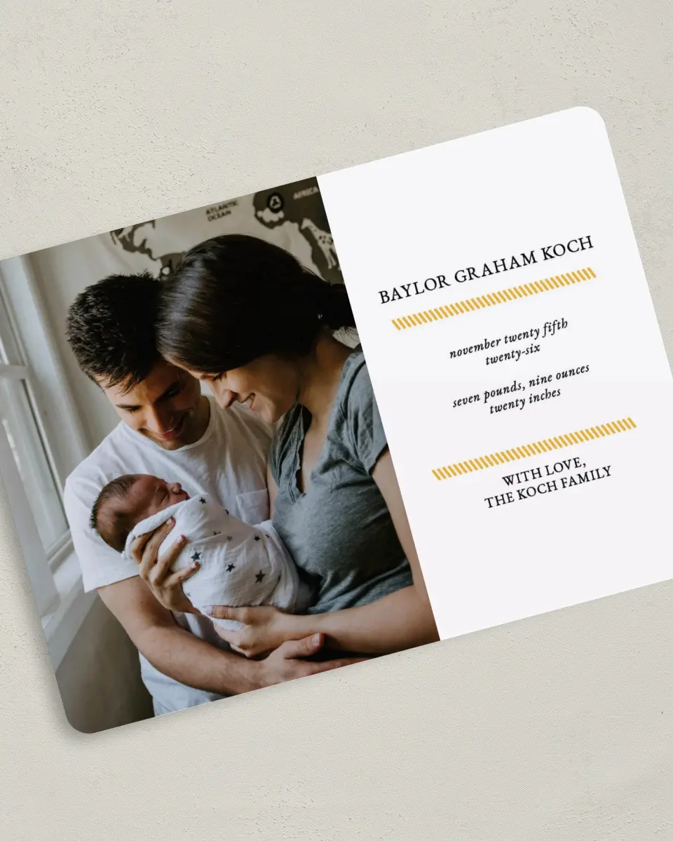 This is a 5" x 7" Birth Announcement Card called Full of Grace printed in full color with Silver foil on Luxe Satin (coated) paper