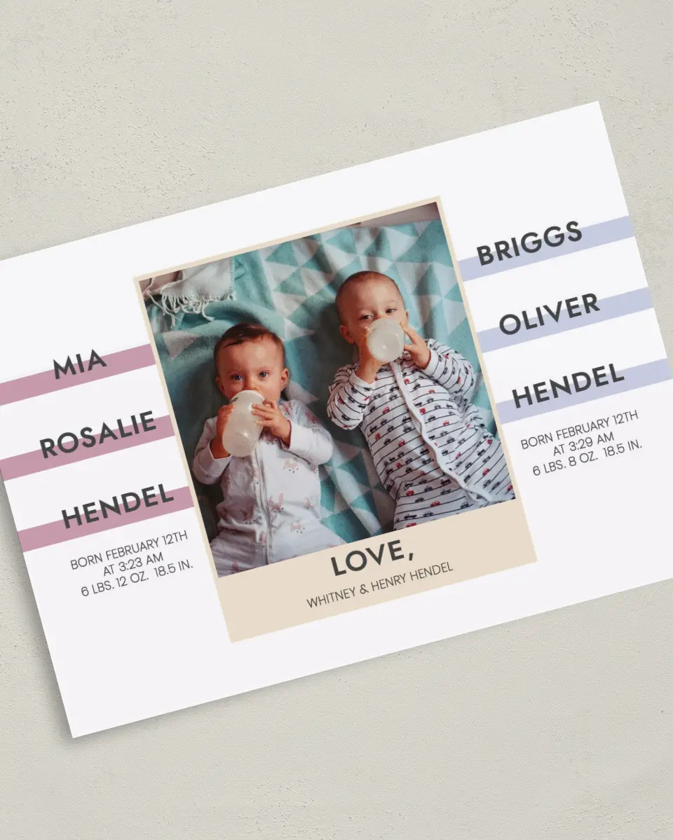 This is a 5" x 7" Birth Announcement Card called Two News printed in full color with Silver foil on Luxe Satin (coated) paper