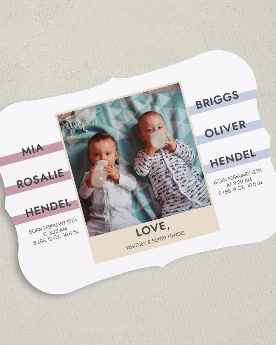 This is a 5" x 7" Birth Announcement Card called Two News printed in full color on Premium Smooth paper