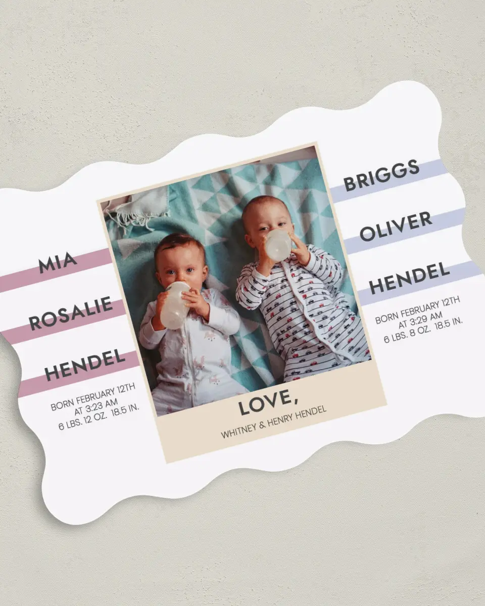 This is a 5" x 7" Birth Announcement Card called Two News printed in full color on Premium Smooth paper