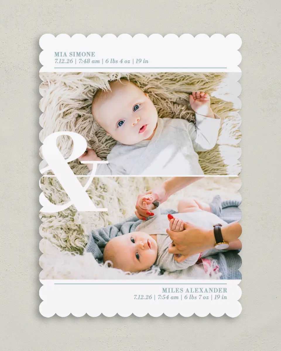 This is a 5" x 7" Birth Announcement Card called Two Lil Miracles printed in full color on Premium Smooth paper