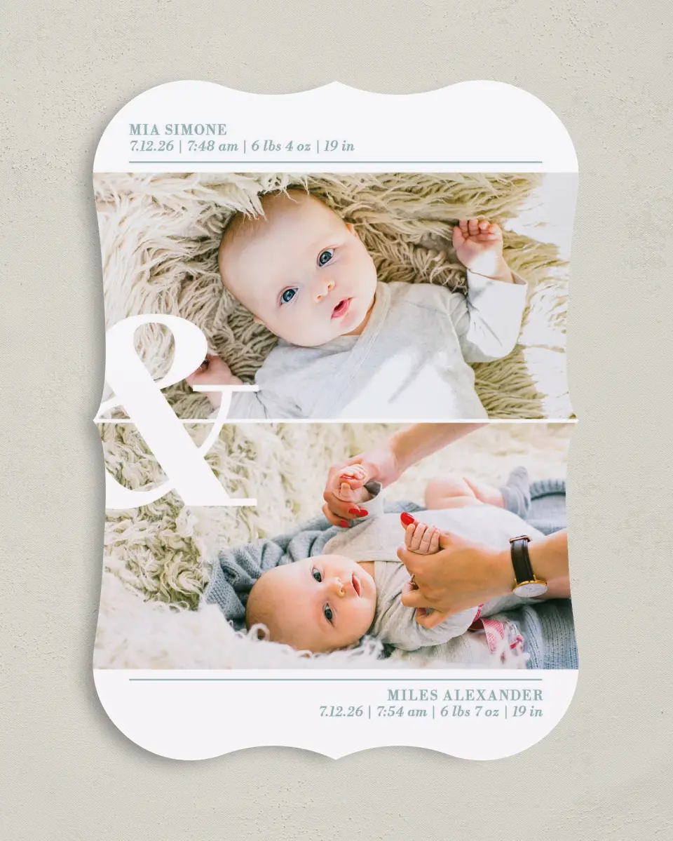 This is a 5" x 7" Birth Announcement Card called Two Lil Miracles printed in full color on Premium Smooth paper