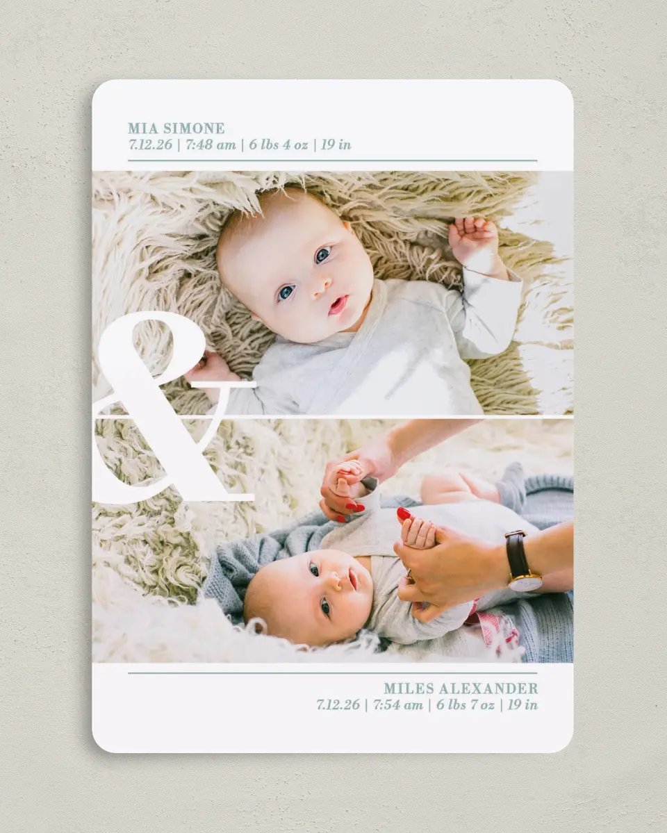 This is a 5" x 7" Birth Announcement Card called Two Lil Miracles printed in full color with Silver foil on Luxe Satin (coated) paper