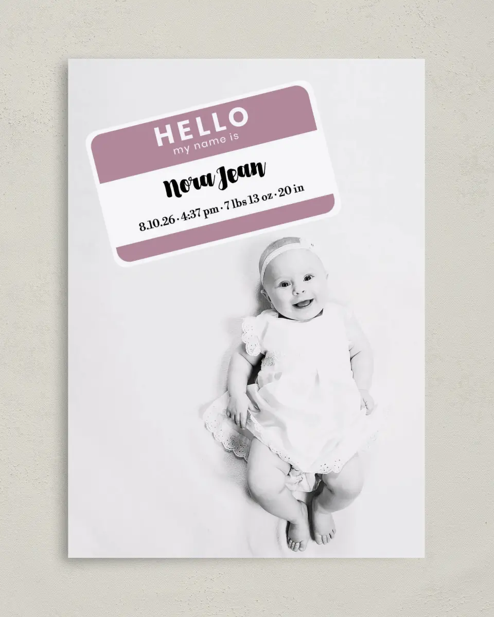 This is a 5" x 7" Birth Announcement Card called Nice To Meet You printed in full color with Silver foil on Luxe Satin (coated) paper