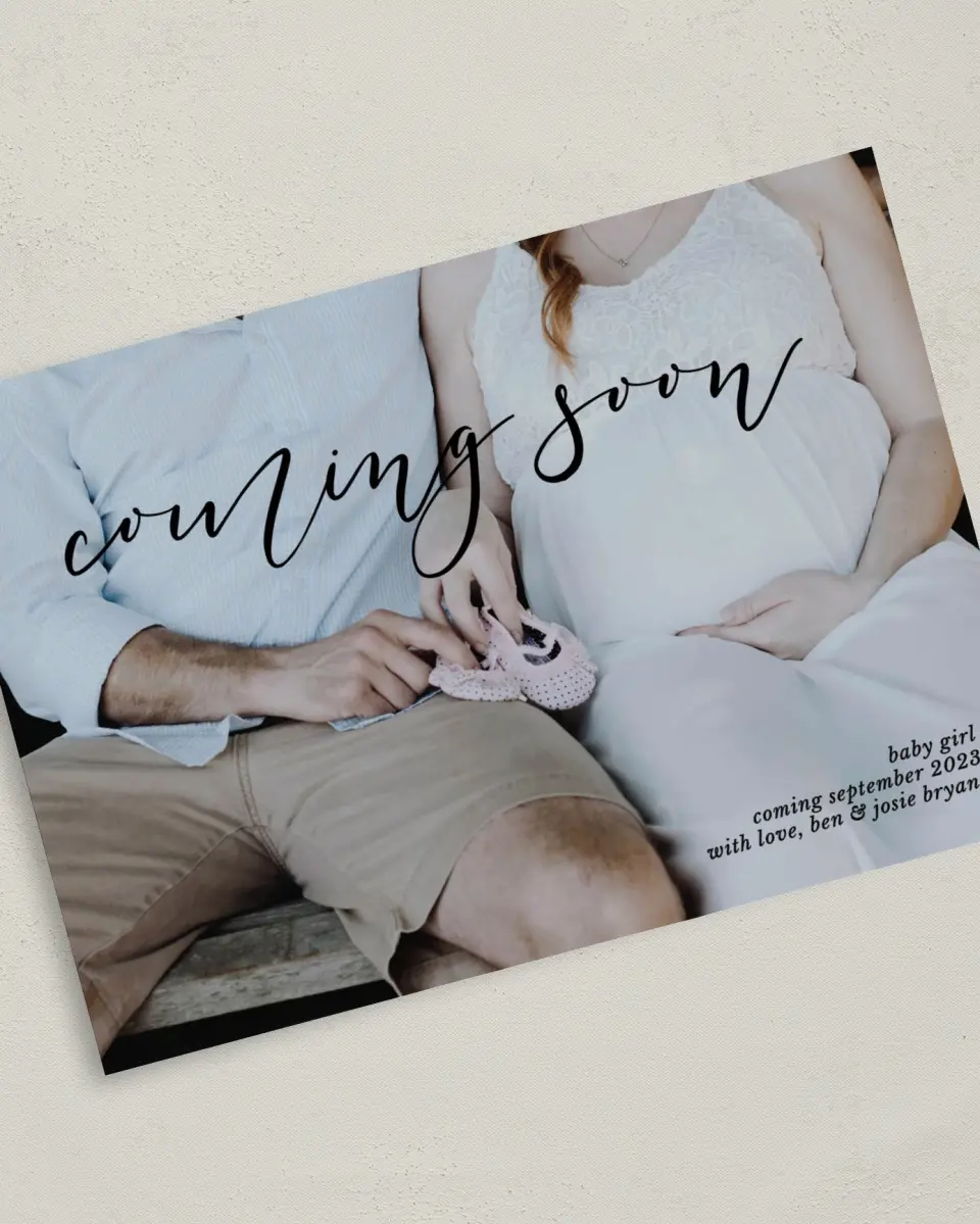 This is a 5" x 7" Birth Announcement Card called Headliner printed in full color on Premium Smooth paper