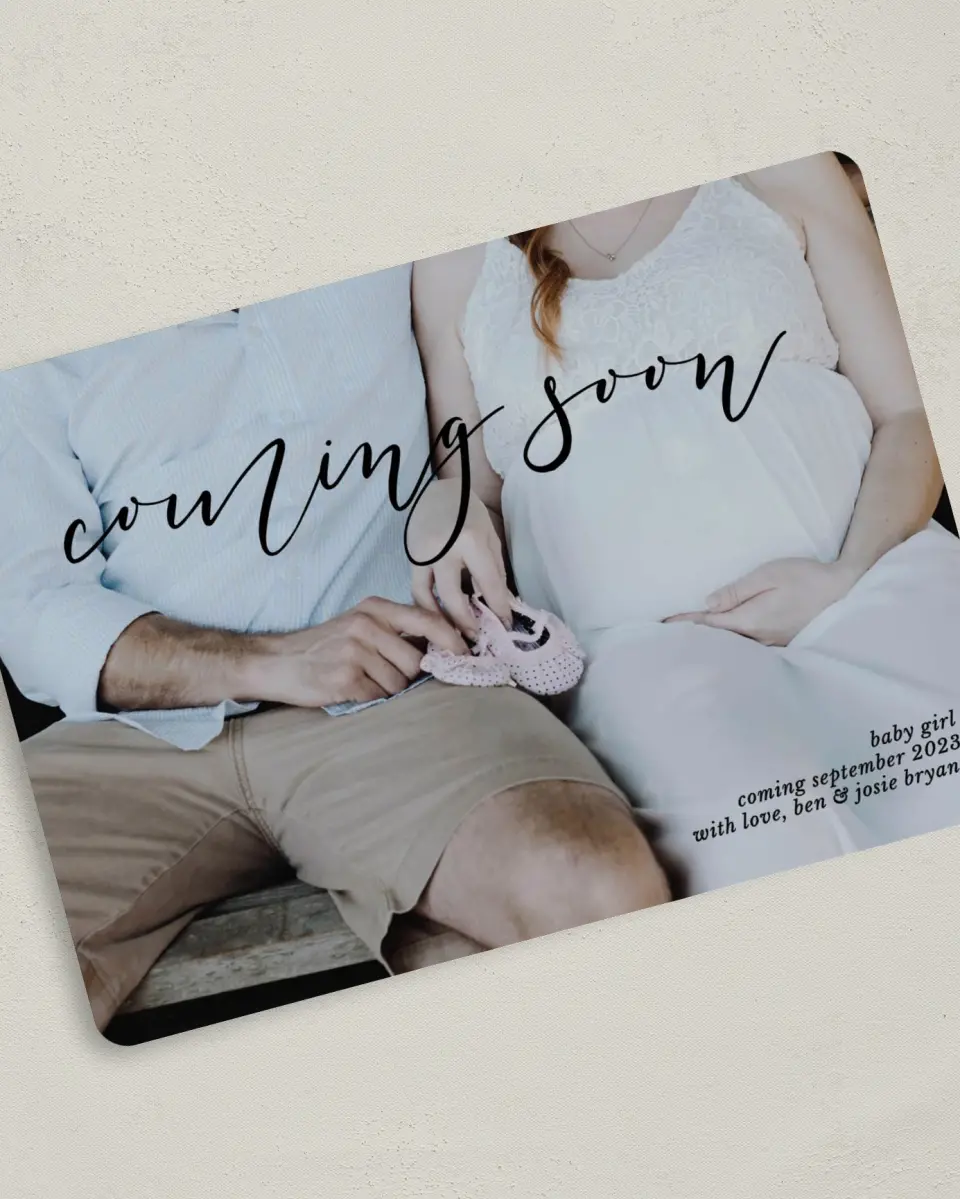 This is a 5" x 7" Birth Announcement Card called Headliner printed in full color with Rose Gold foil on Luxe Satin (coated) paper