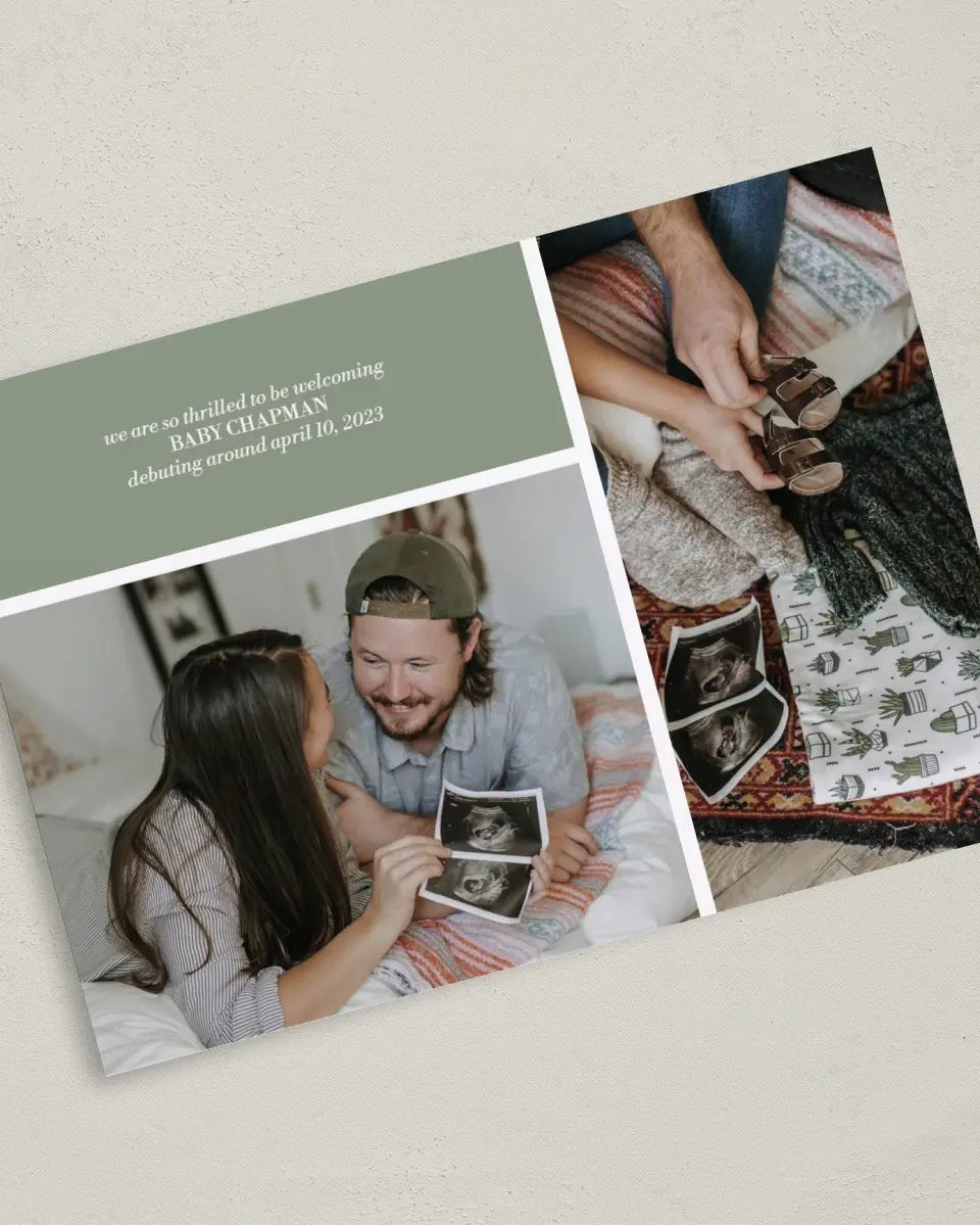 This is a 5" x 7" Birth Announcement Card called Darling Debut printed in full color with Rose Gold foil on Luxe Satin (coated) paper