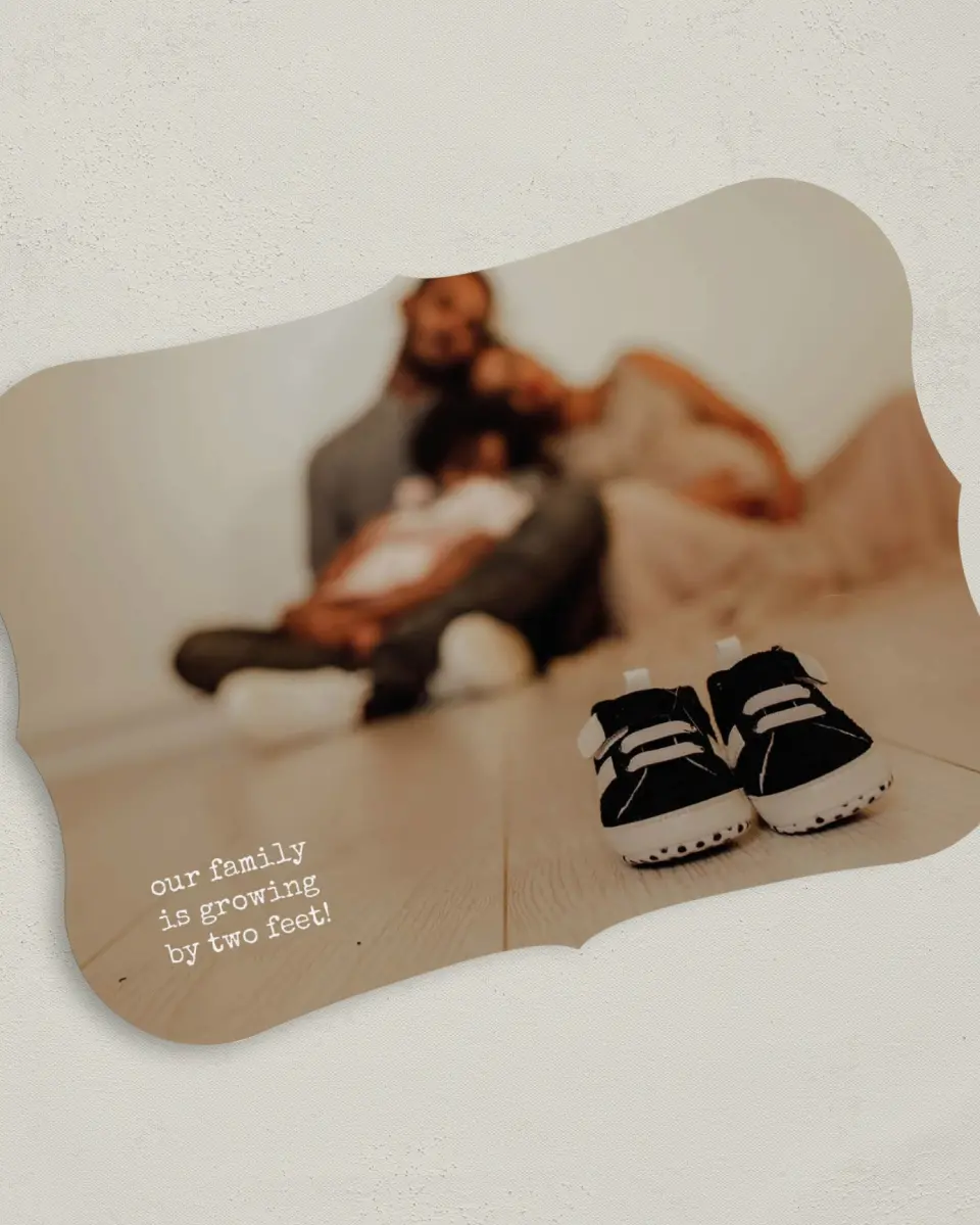 This is a 5" x 7" Birth Announcement Card called Two Feet! printed in full color with Rose Gold foil on Luxe Satin (coated) paper