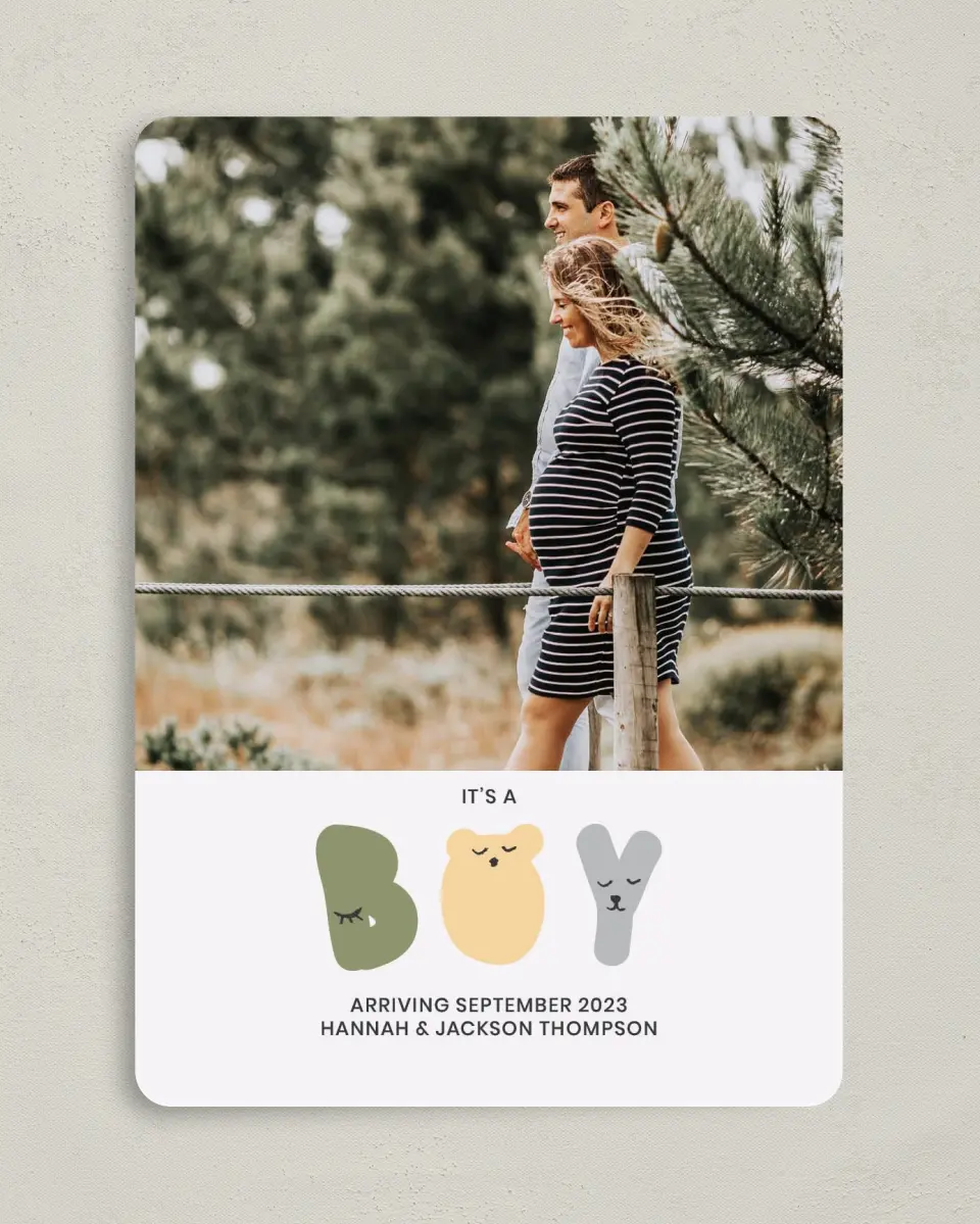 This is a 5" x 7" Birth Announcement Card called Critters printed in full color with Silver foil on Luxe Satin (coated) paper