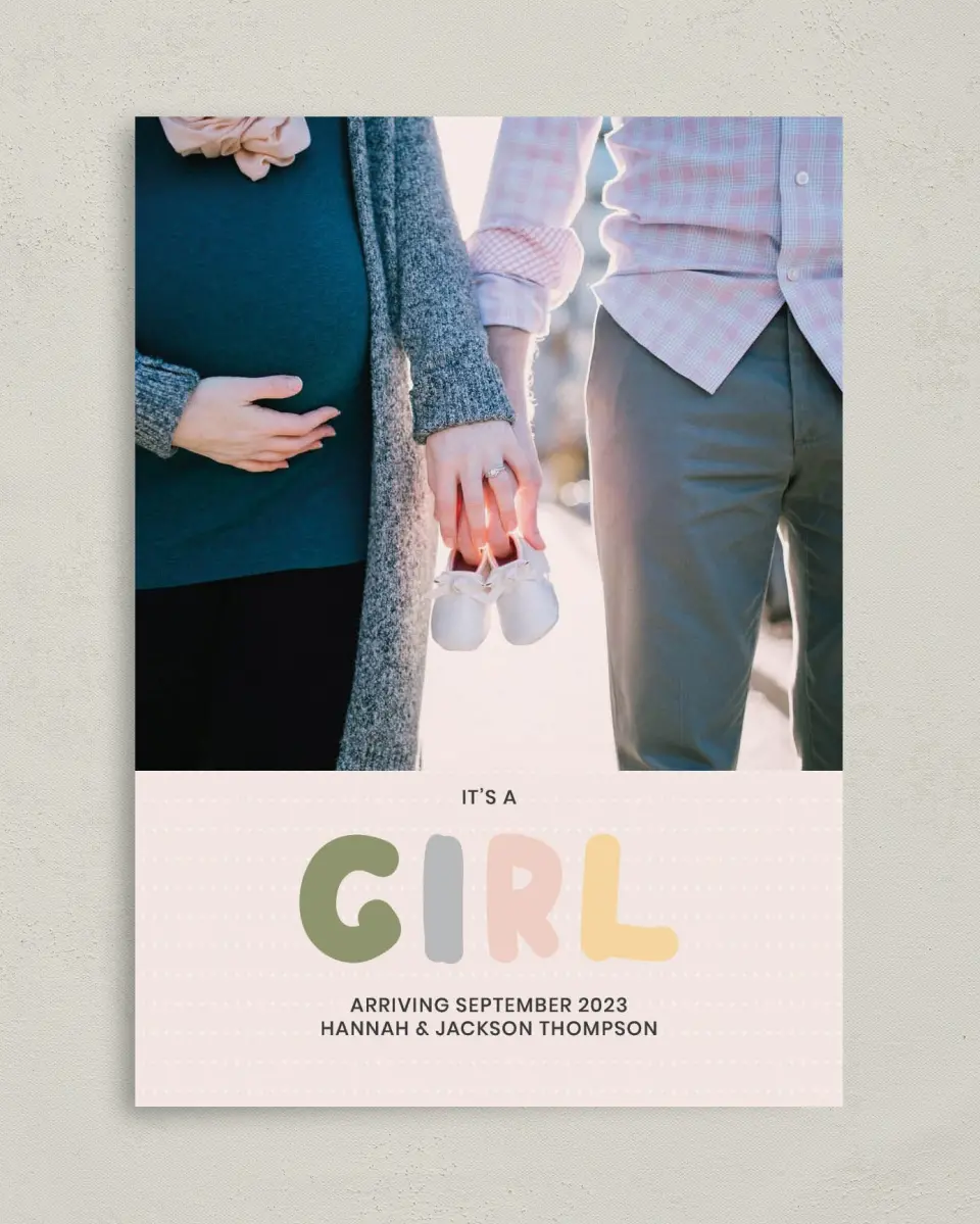 This is a 5" x 7" Birth Announcement Card called Dotted printed in full color with Rose Gold foil on Luxe Satin (coated) paper