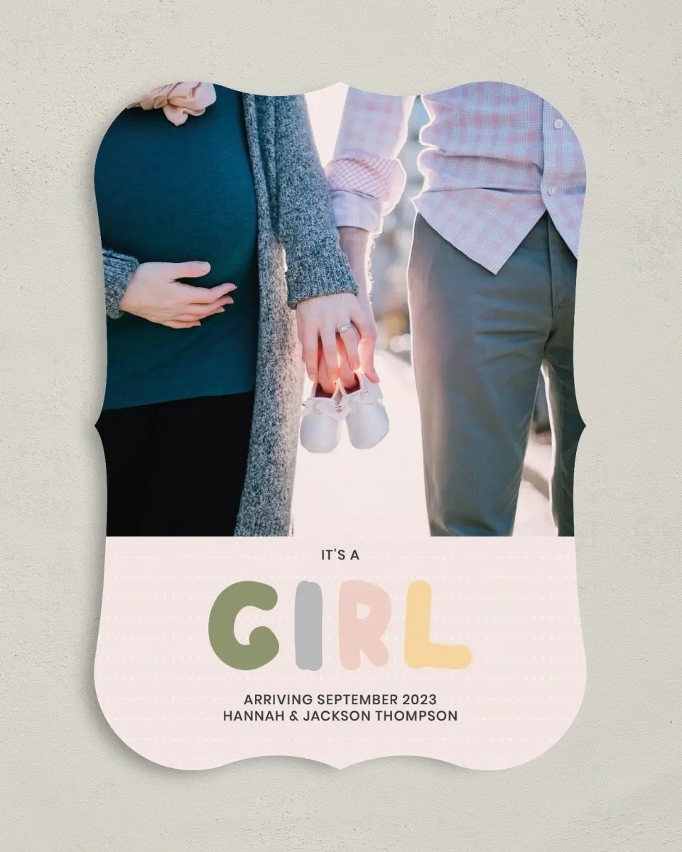 This is a 5" x 7" Birth Announcement Card called Dotted printed in full color with Rose Gold foil on Luxe Satin (coated) paper