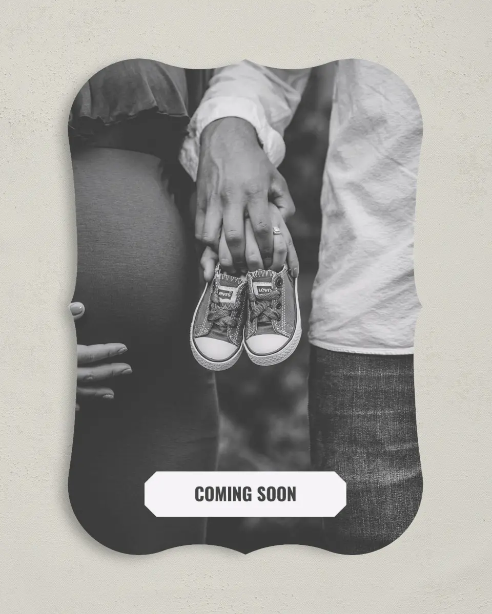 This is a 5" x 7" Birth Announcement Card called Debuting Soon printed in full color with Rose Gold foil on Luxe Satin (coated) paper
