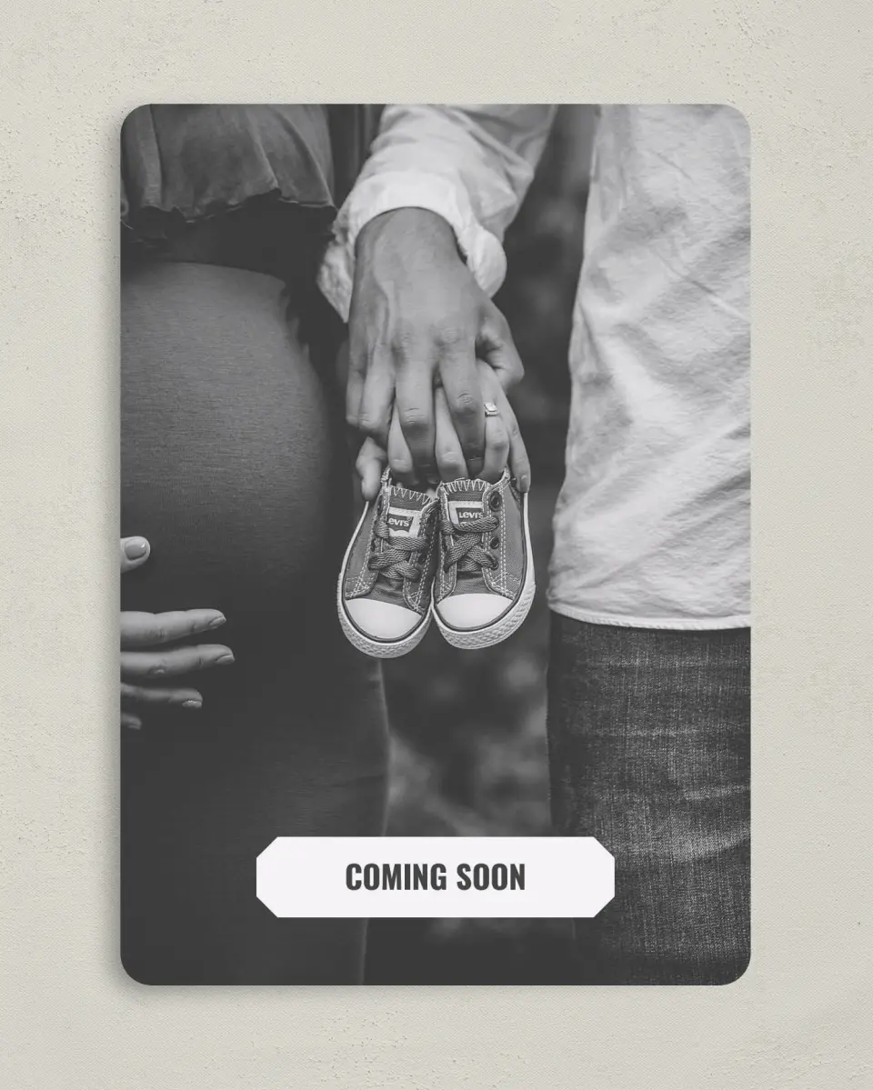 This is a 5" x 7" Birth Announcement Card called Debuting Soon printed in full color with Rose Gold foil on Luxe Satin (coated) paper