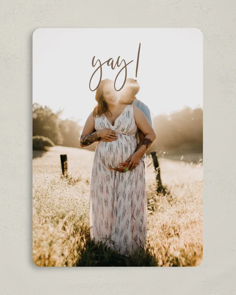 This is a 5" x 7" Birth Announcement Card called Yay! printed in full color with Rose Gold foil on Luxe Satin (coated) paper
