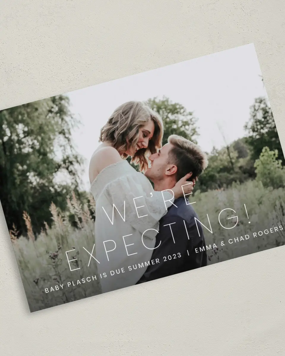 This is a 5" x 7" Birth Announcement Card called Joyfully Expecting printed in full color with Rose Gold foil on Luxe Satin (coated) paper
