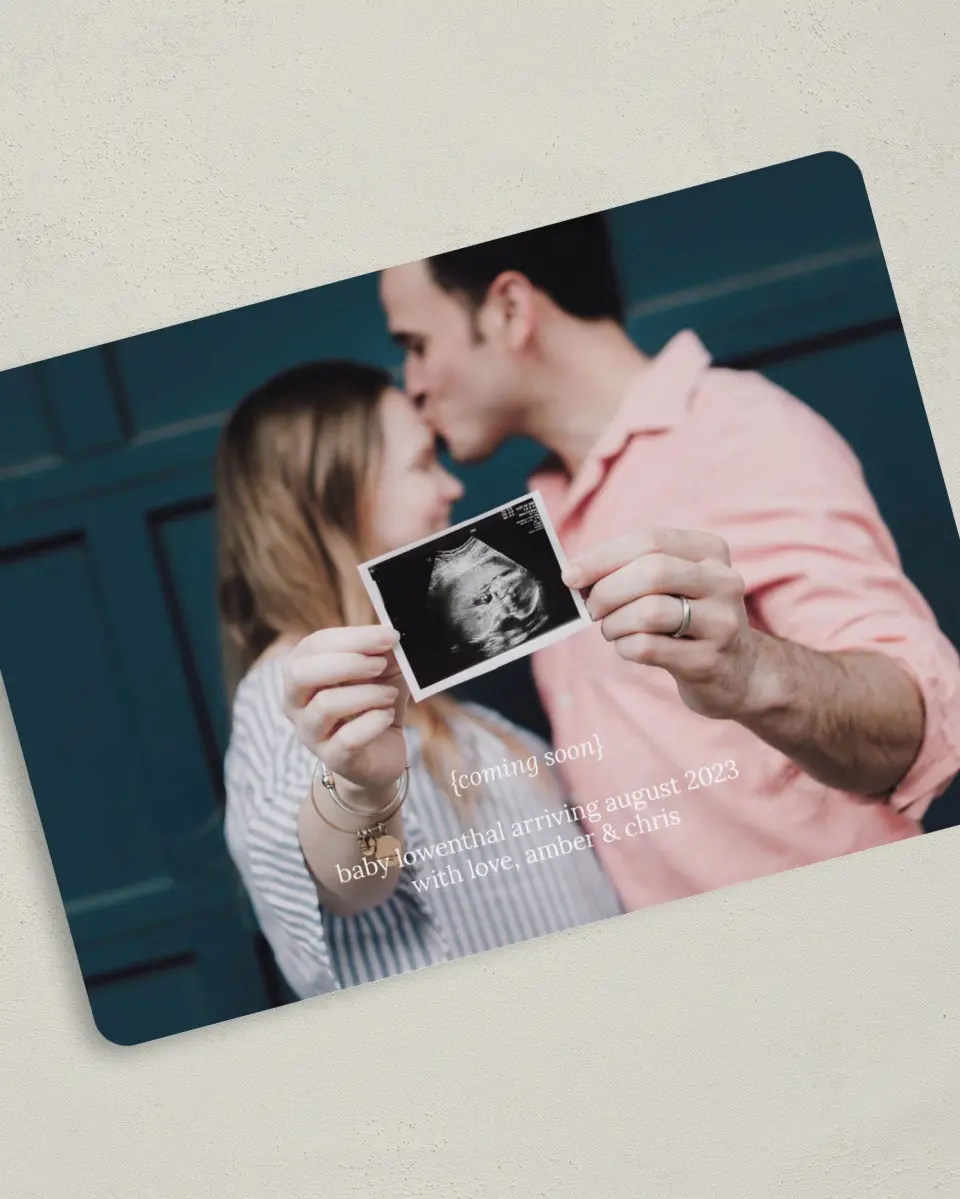This is a 5" x 7" Birth Announcement Card called Arriving Soon! printed in full color on Premium Smooth paper