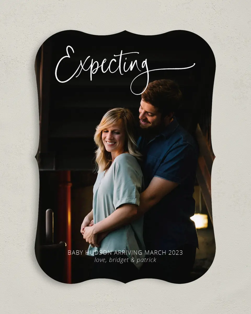 This is a 5" x 7" Birth Announcement Card called Expecting printed in full color with Rose Gold foil on Luxe Satin (coated) paper