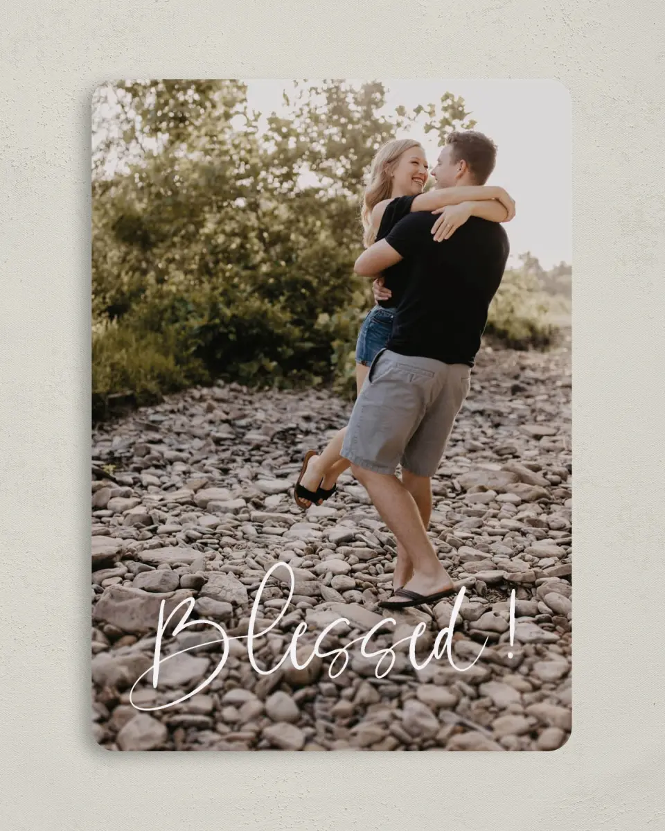 This is a 5" x 7" Birth Announcement Card called Blessed Baby printed in full color with Rose Gold foil on Luxe Satin (coated) paper