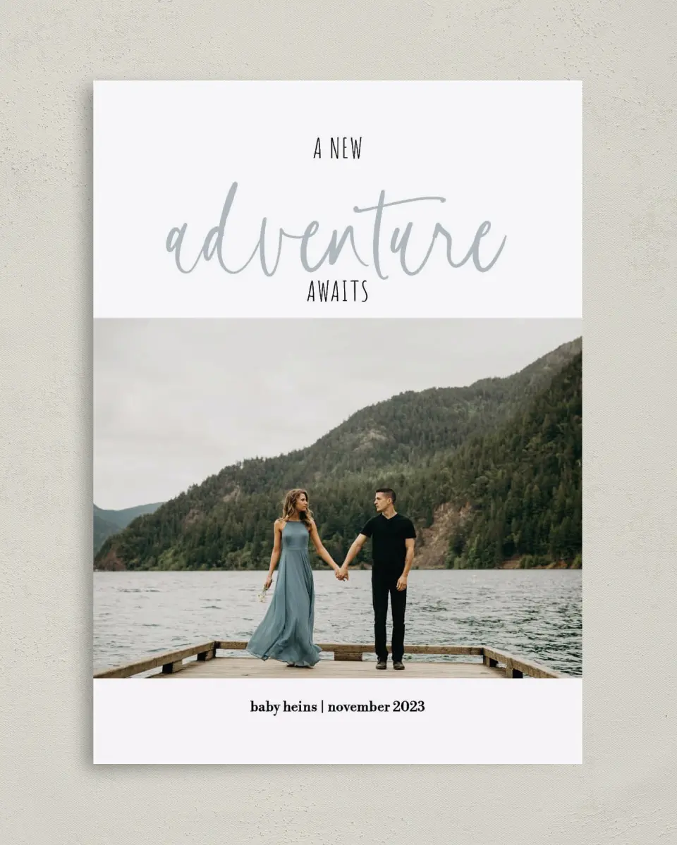 This is a 5" x 7" Birth Announcement Card called Adventure Ahead printed in full color with Rose Gold foil on Luxe Satin (coated) paper