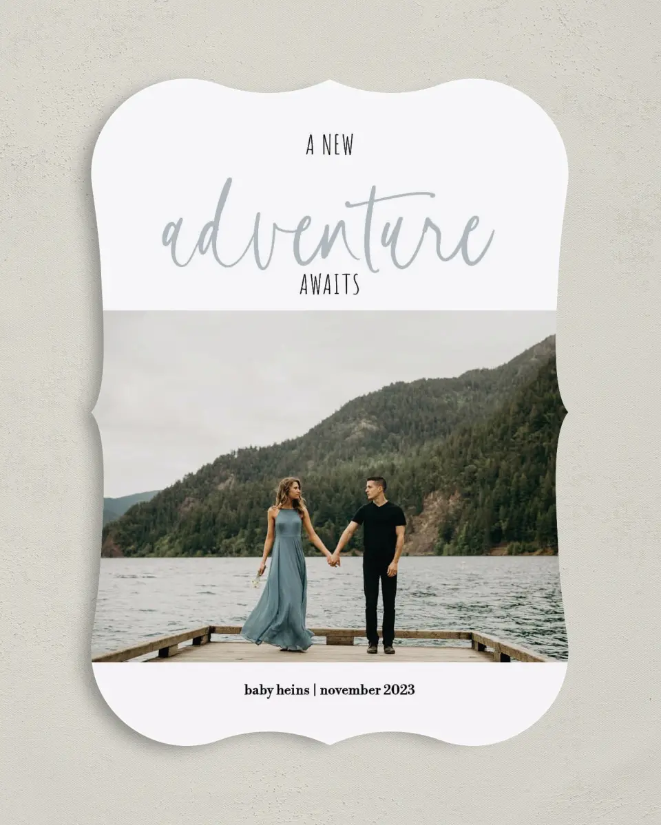 This is a 5" x 7" Birth Announcement Card called Adventure Ahead printed in full color with Rose Gold foil on Luxe Satin (coated) paper