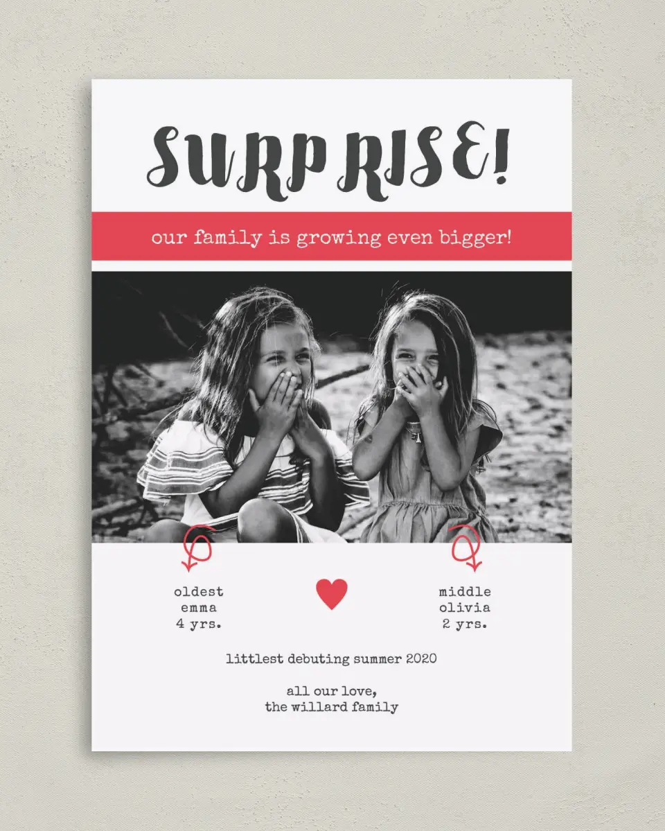 This is a 5" x 7" Birth Announcement Card called Surprise Debut printed in full color with Rose Gold foil on Luxe Satin (coated) paper