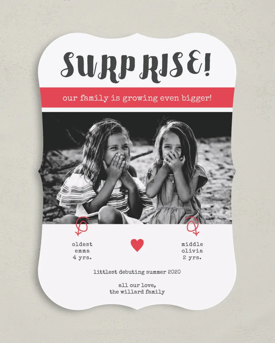 This is a 5" x 7" Birth Announcement Card called Surprise Debut printed in full color on Premium Smooth paper