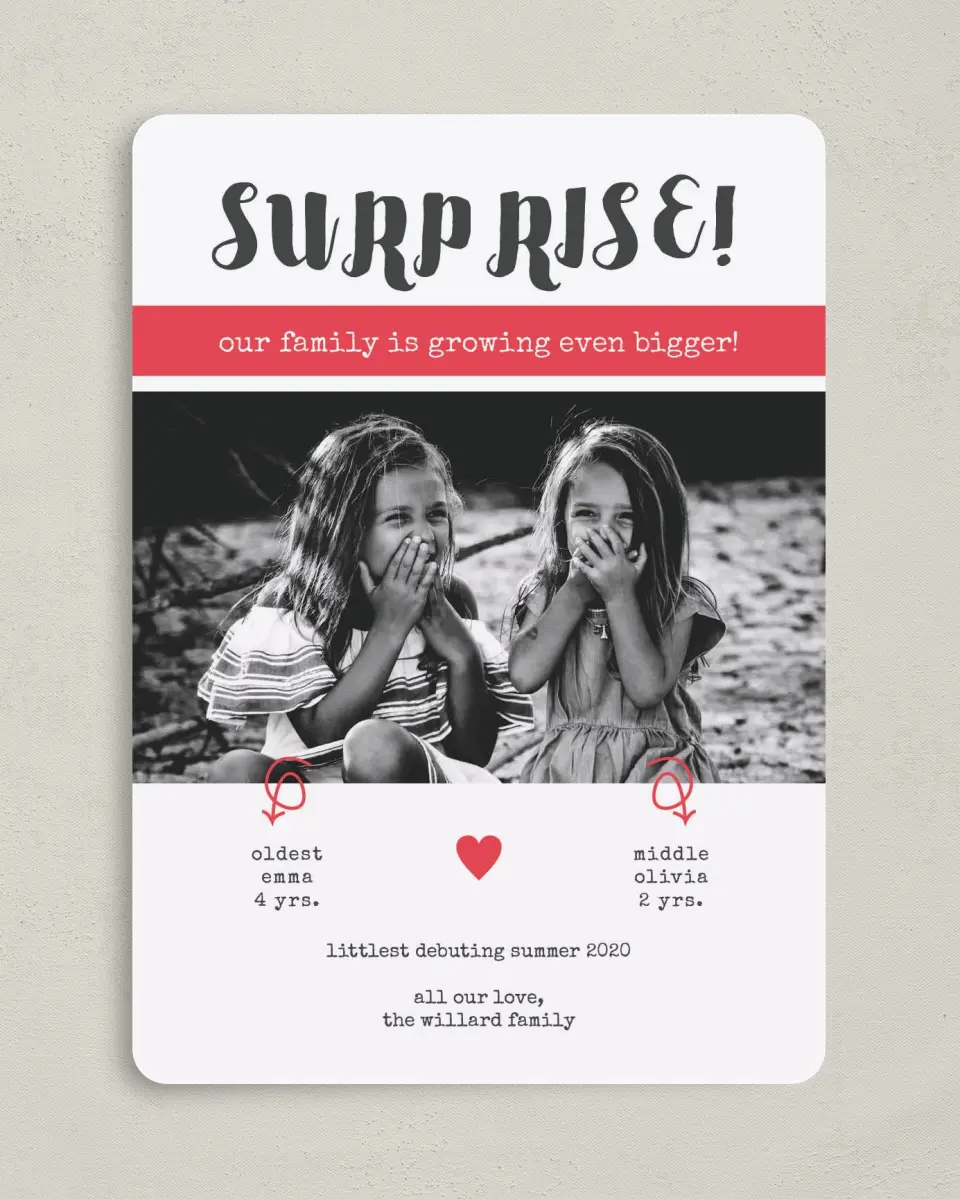 This is a 5" x 7" Birth Announcement Card called Surprise Debut printed in full color with Rose Gold foil on Luxe Satin (coated) paper